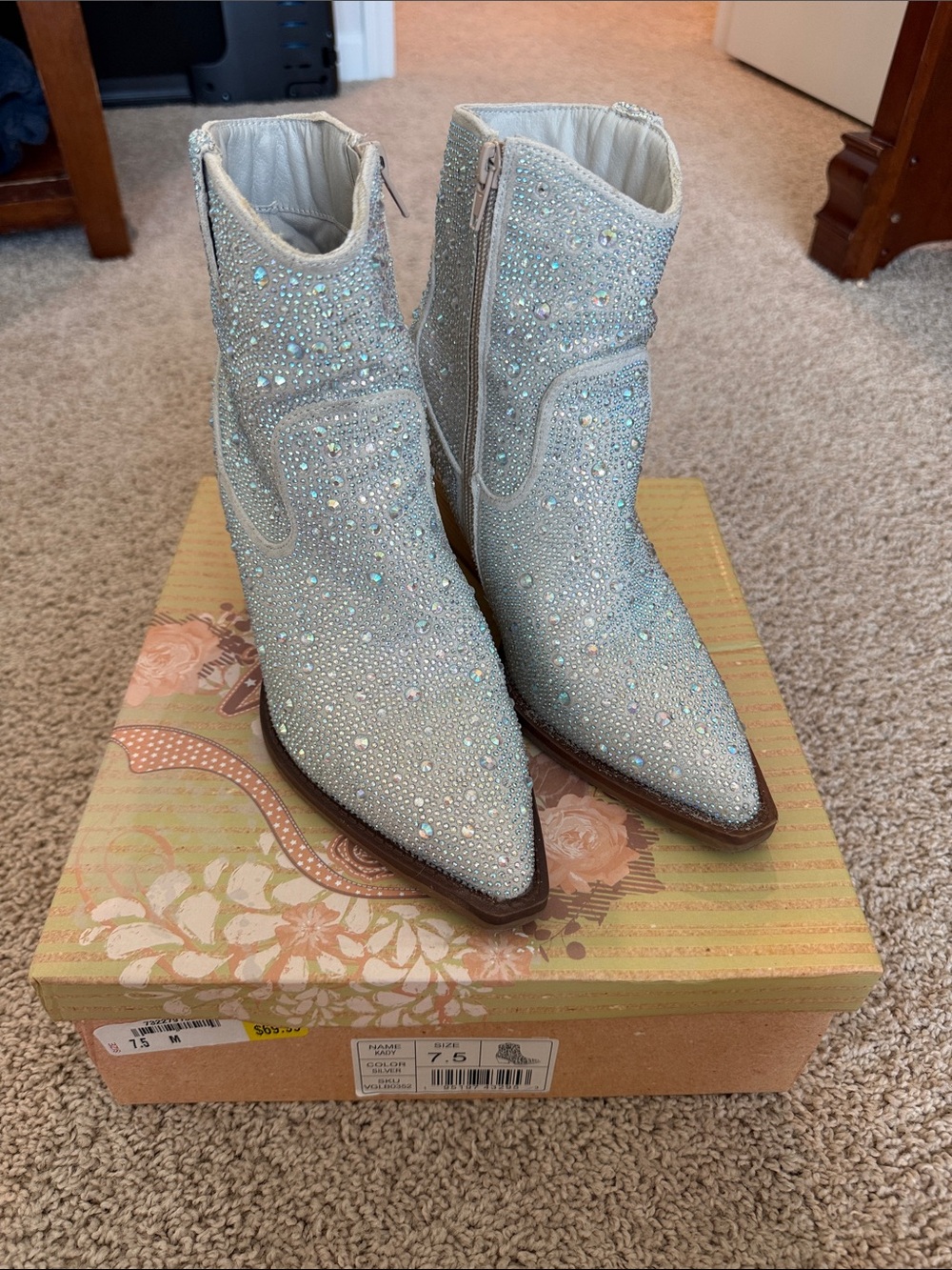 Very G Iridescent Crystal-Embellished Pointed Ankle Booties in Light Silver